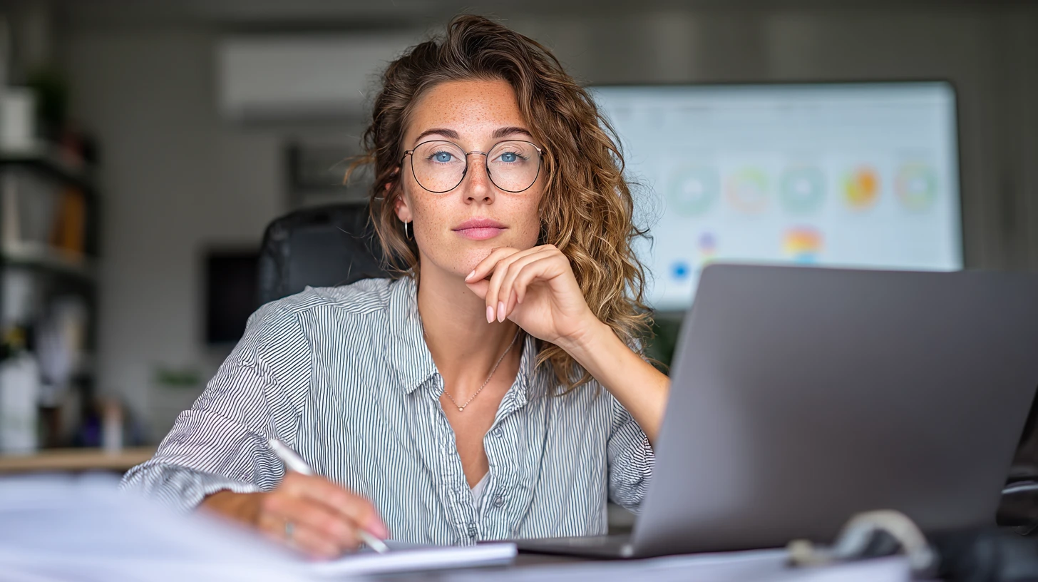 Veterinary practice leader reviewing software demo notes and selection criteria in an office
