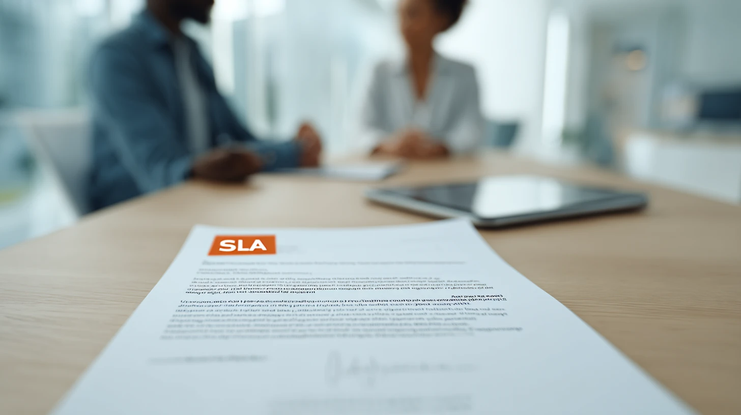 Practice manager reviewing a veterinary software contract with support policy and SLA exhibit