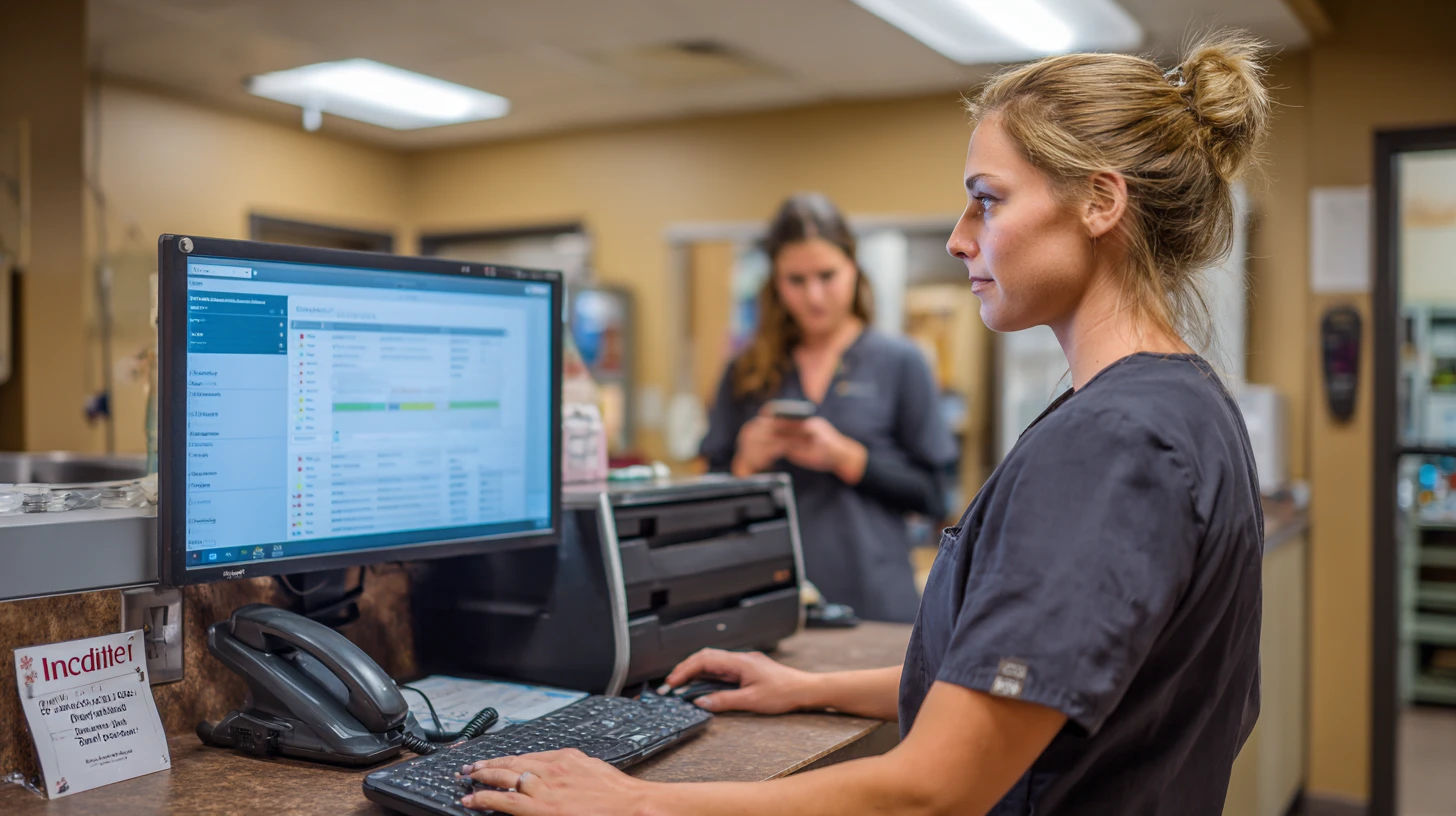 Veterinary team checking an outage status update and escalation plan during a software downtime event