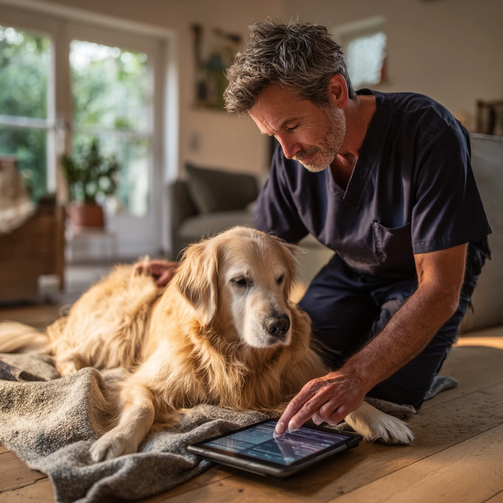 House-call veterinarian writing SOAP notes on an iPad during a wellness exam of a golden retriever in a client's living room