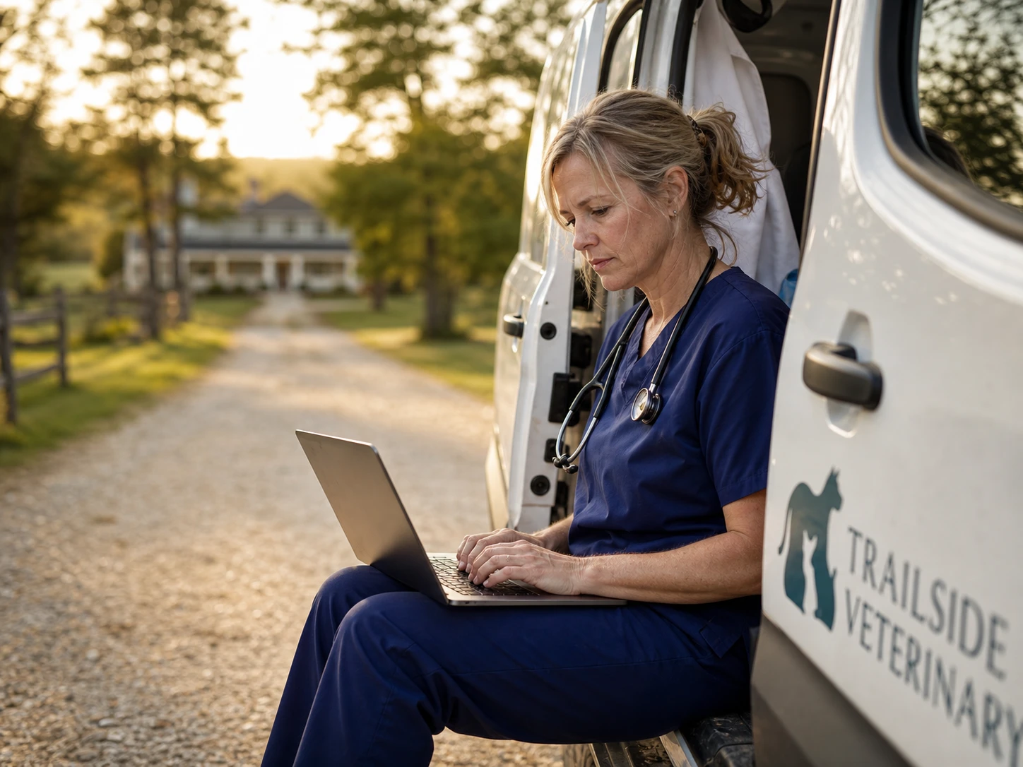 House-call veterinarian working on a laptop in her vehicle in a rural driveway between appointments