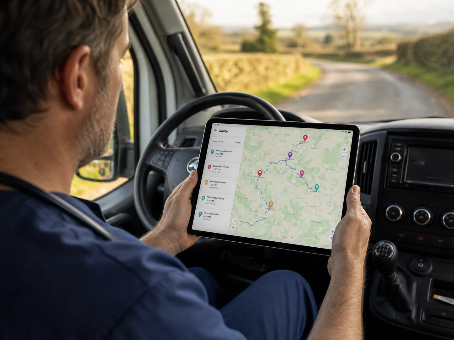 Mobile veterinarian reviewing a route map of the day's house-call appointments on a tablet inside a veterinary vehicle
