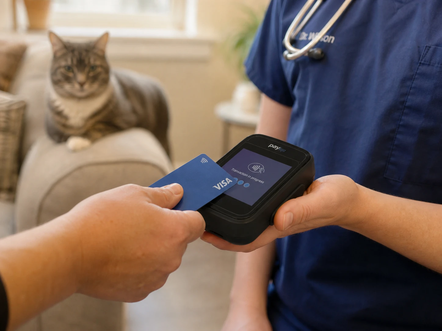 Pet owner tapping a credit card on a Bluetooth card reader during checkout after a house-call veterinary appointment
