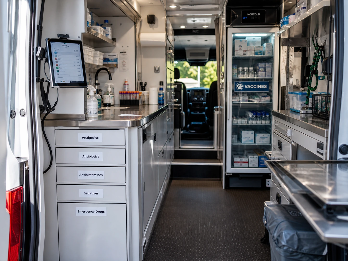 Organized medication and vaccine inventory in the interior of a mobile veterinary van with a wall-mounted tablet for inventory tracking