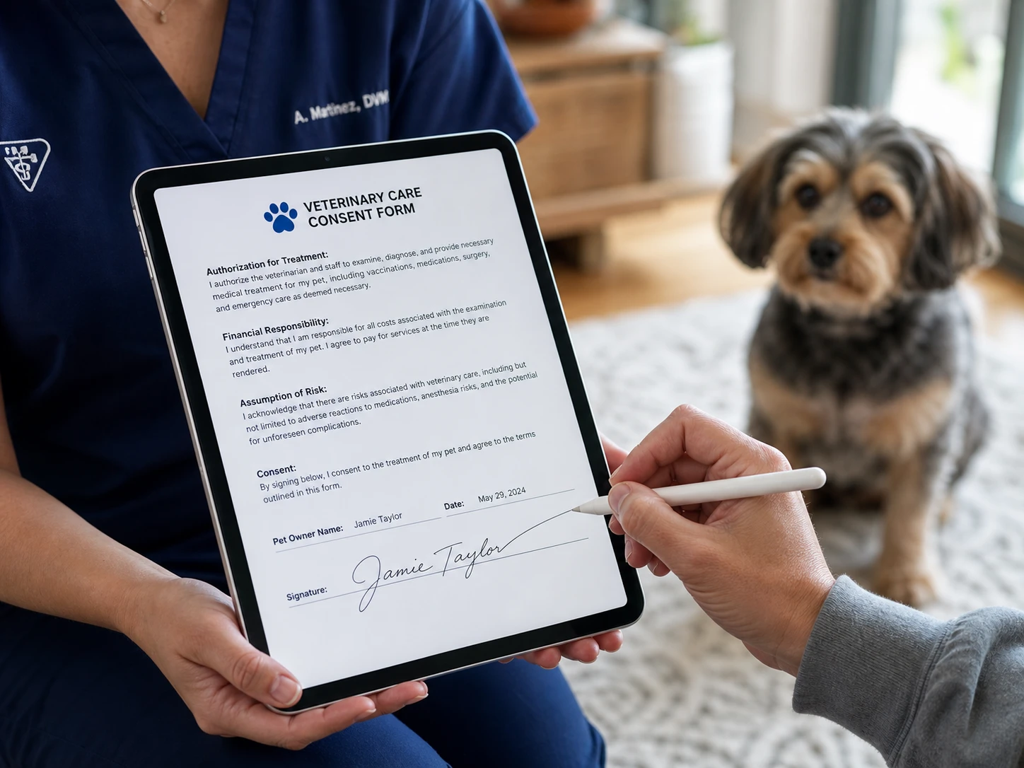 Pet owner signing a digital treatment consent form on a tablet during an in-home veterinary visit