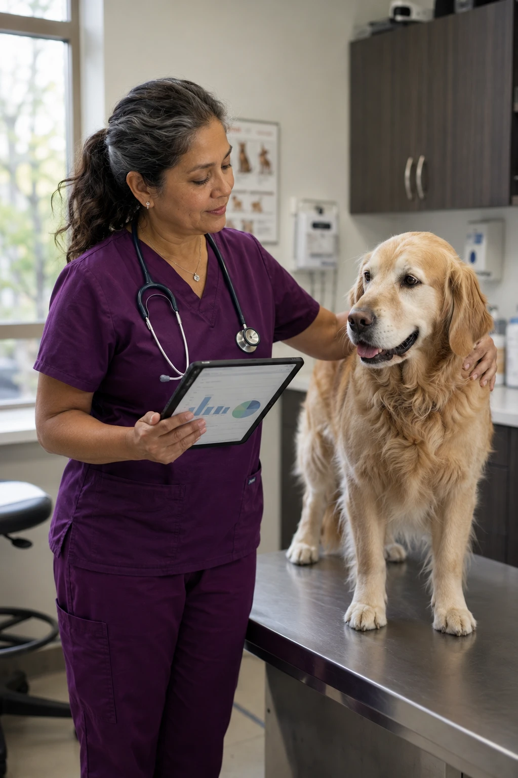 Veterinarian reviewing preventive care compliance on a tablet during an exam with a golden retriever