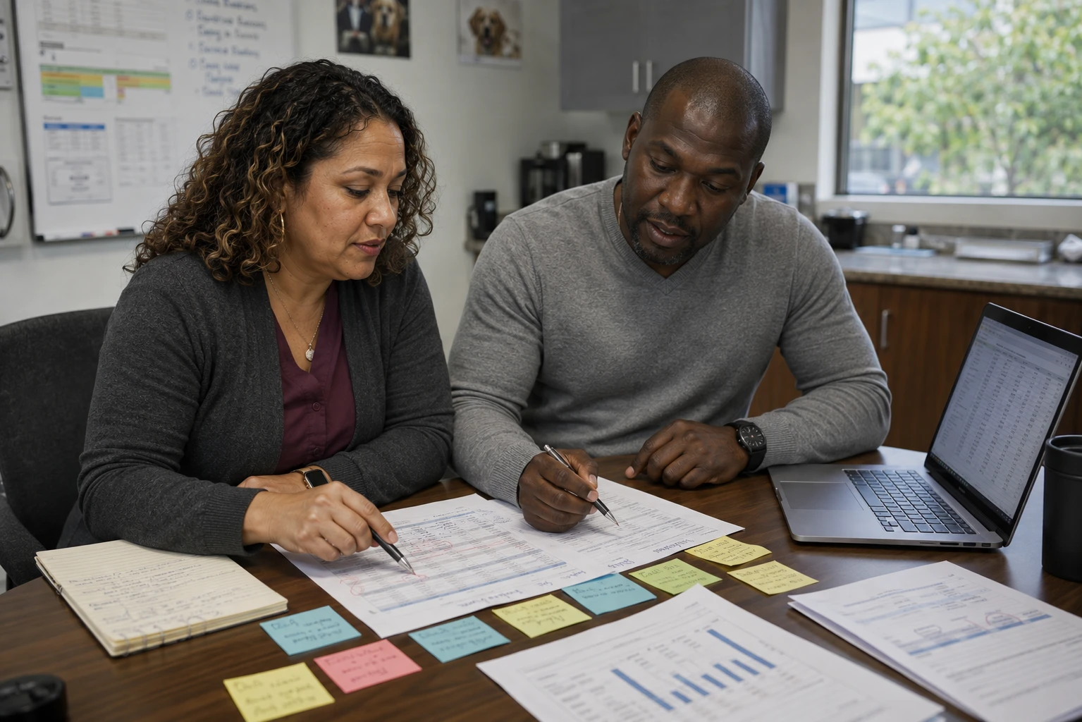 Operations director and data analyst working through a veterinary data cleanup session at a conference table