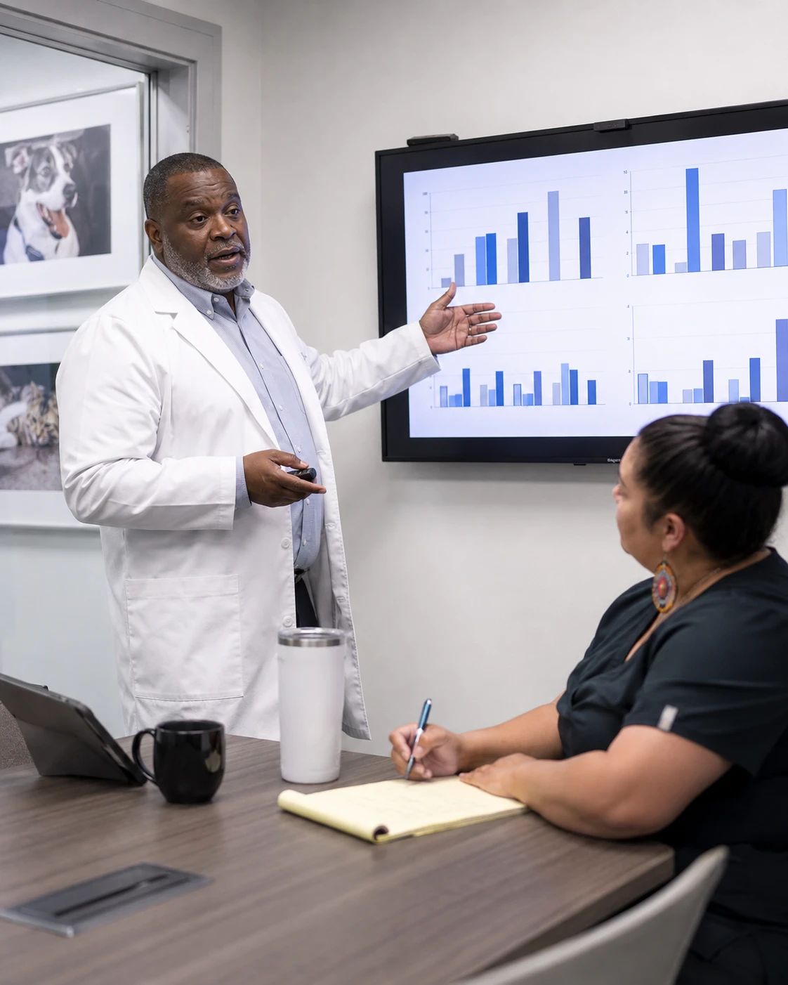 Medical director and regional director discussing hospital performance metrics in a veterinary group meeting