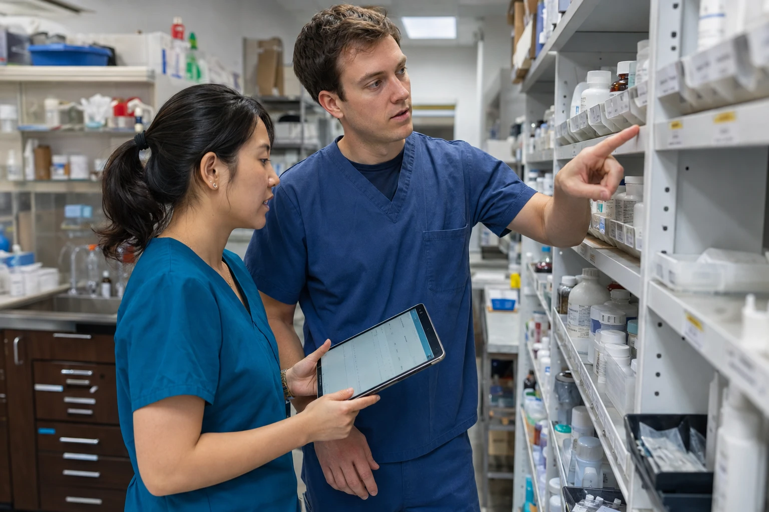 Veterinary technician and assistant reconciling duplicate item codes on a tablet beside a pharmacy shelf