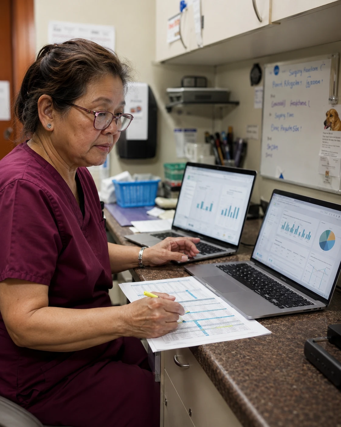 Veterinary practice manager comparing reporting tool options on a laptop at a clinic workstation