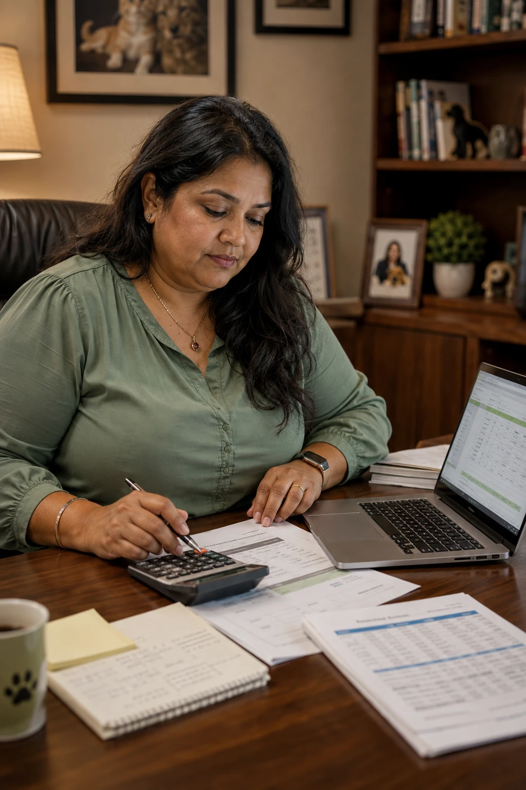 Veterinary practice owner reviewing software budget figures and quotes at an office desk