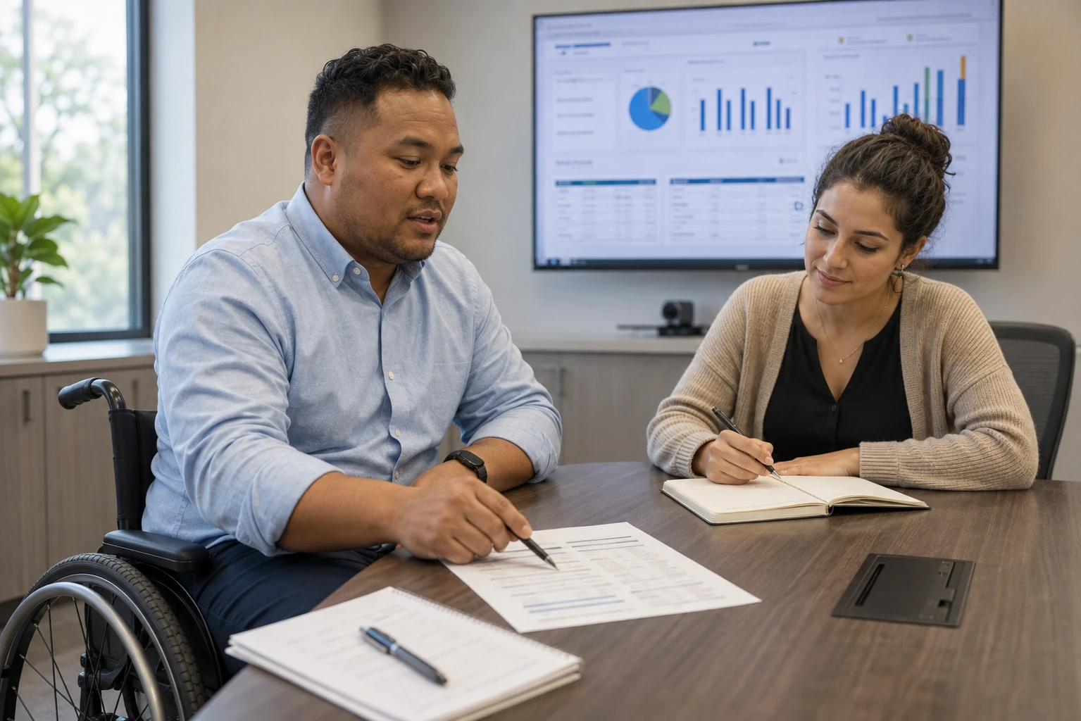 Hospital administrator and practice coordinator taking notes during a veterinary software vendor demo