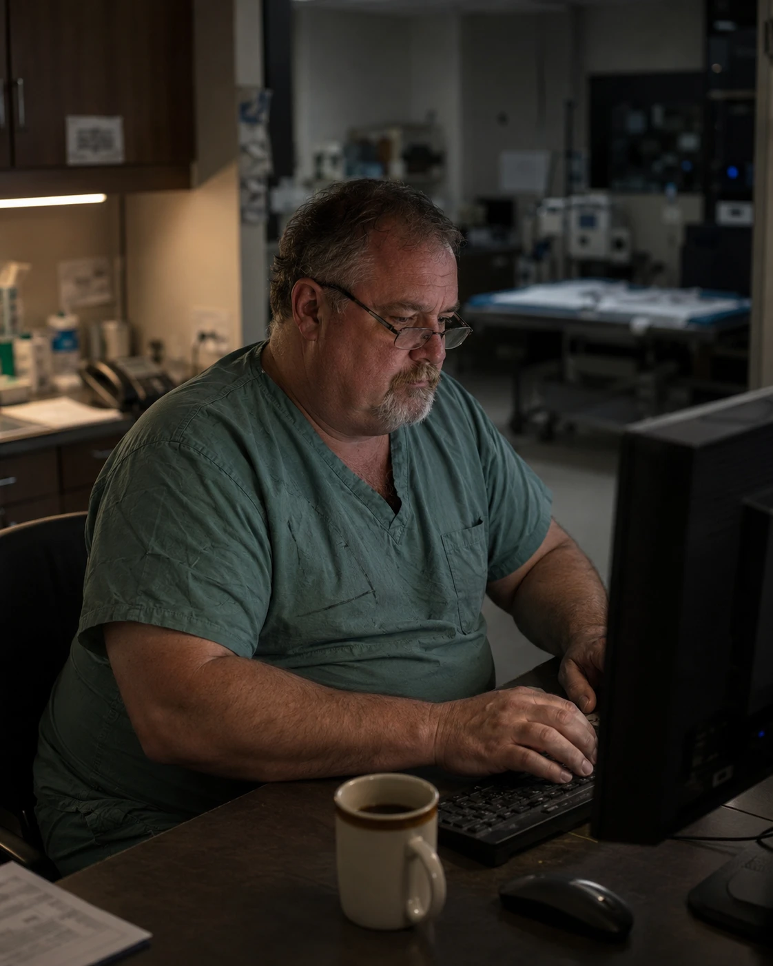 Tired veterinarian catching up on medical notes at a workstation after hours, the documentation burden scribes reduce