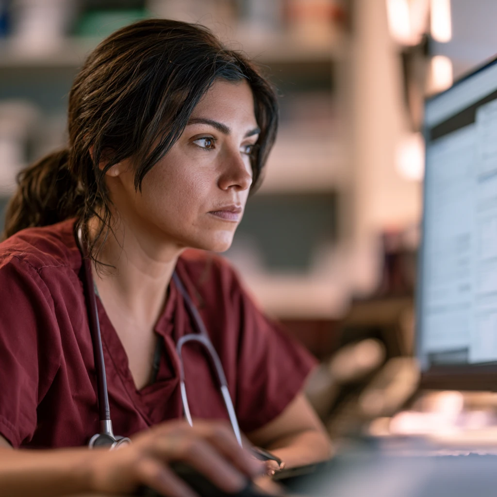 Veterinarian reviewing AI-generated SOAP notes on a monitor to evaluate accuracy during a scribe trial