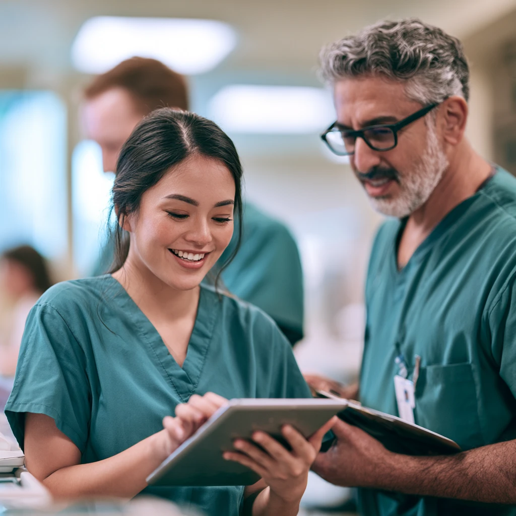 Veterinary technician using an AI scribe app on a tablet while the care team works, reflecting flat-rate unlimited seats