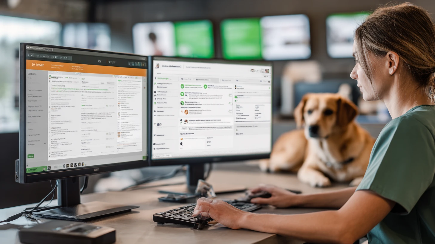 CSR supervising an AI call assistant workflow, with transcripts and outcomes aligned to veterinary practice management software notes and tasks.
