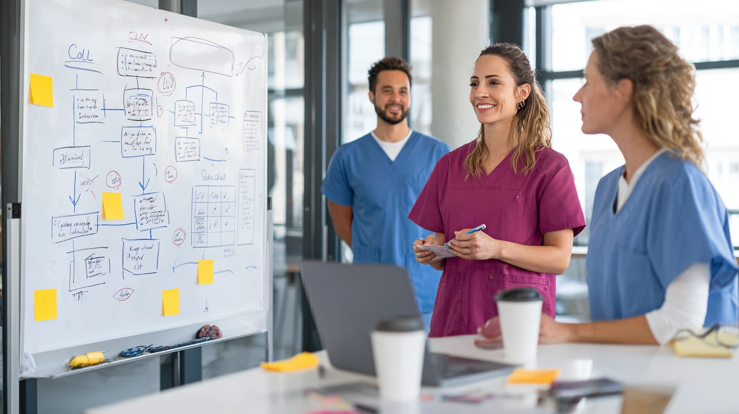 Practice manager and team mapping call flow on a whiteboard, with veterinary practice management software open on a laptop for context.