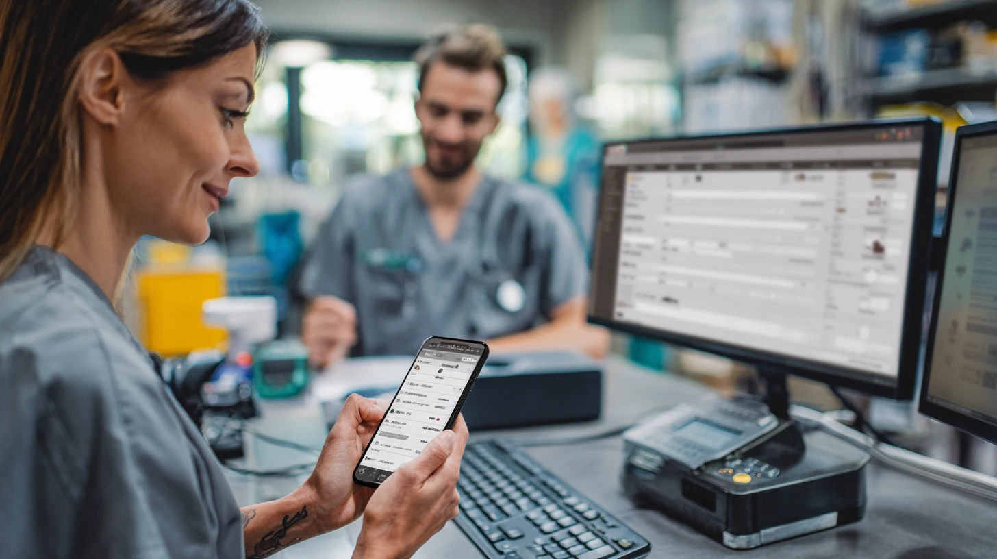 Practice manager reviewing a failover plan during an internet hiccup, with veterinary practice management software and phone routing visible at the workstation.