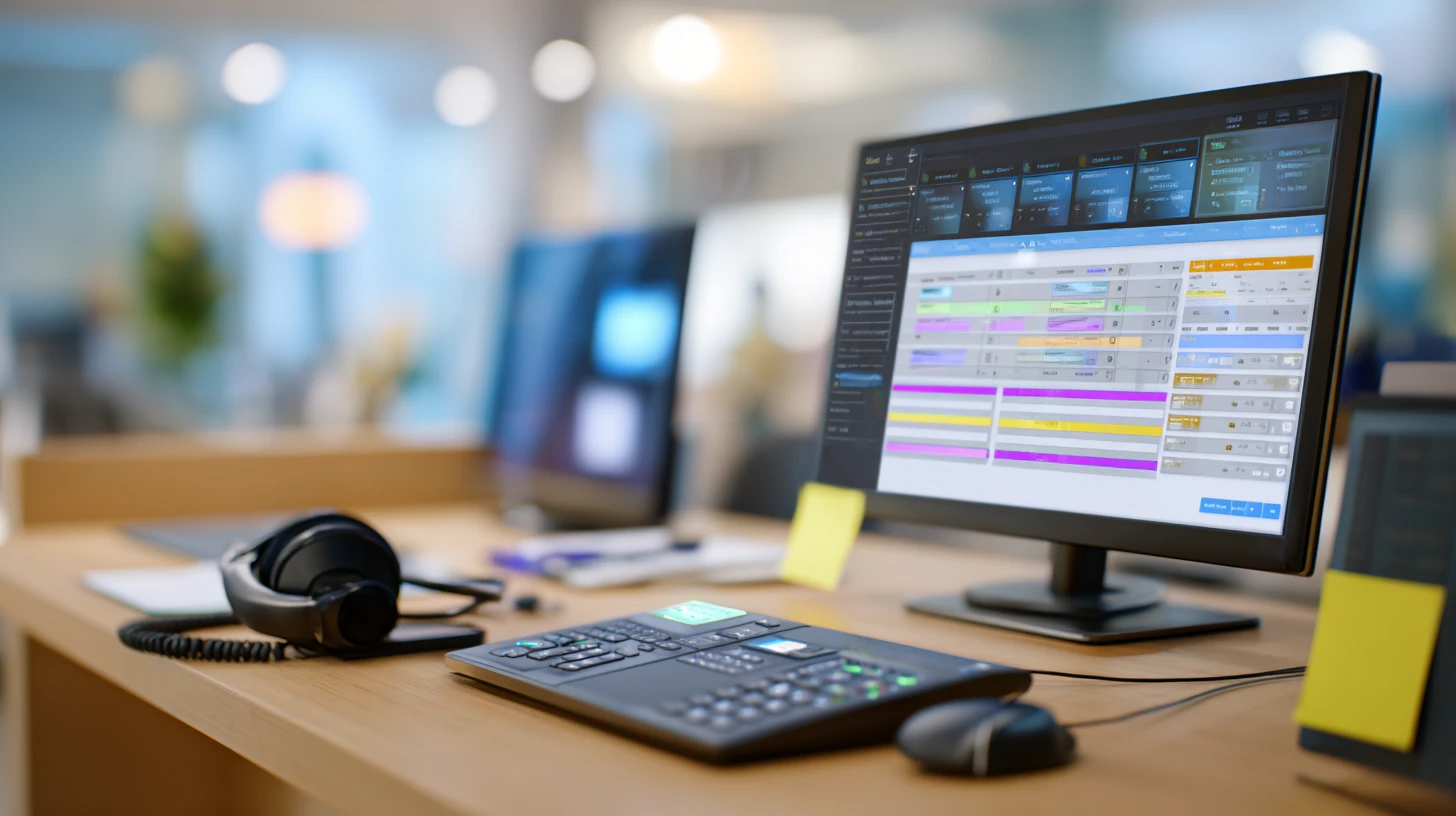 Close-up of a call queue and missed-call dashboard beside a screen with veterinary practice management software appointments in the background.