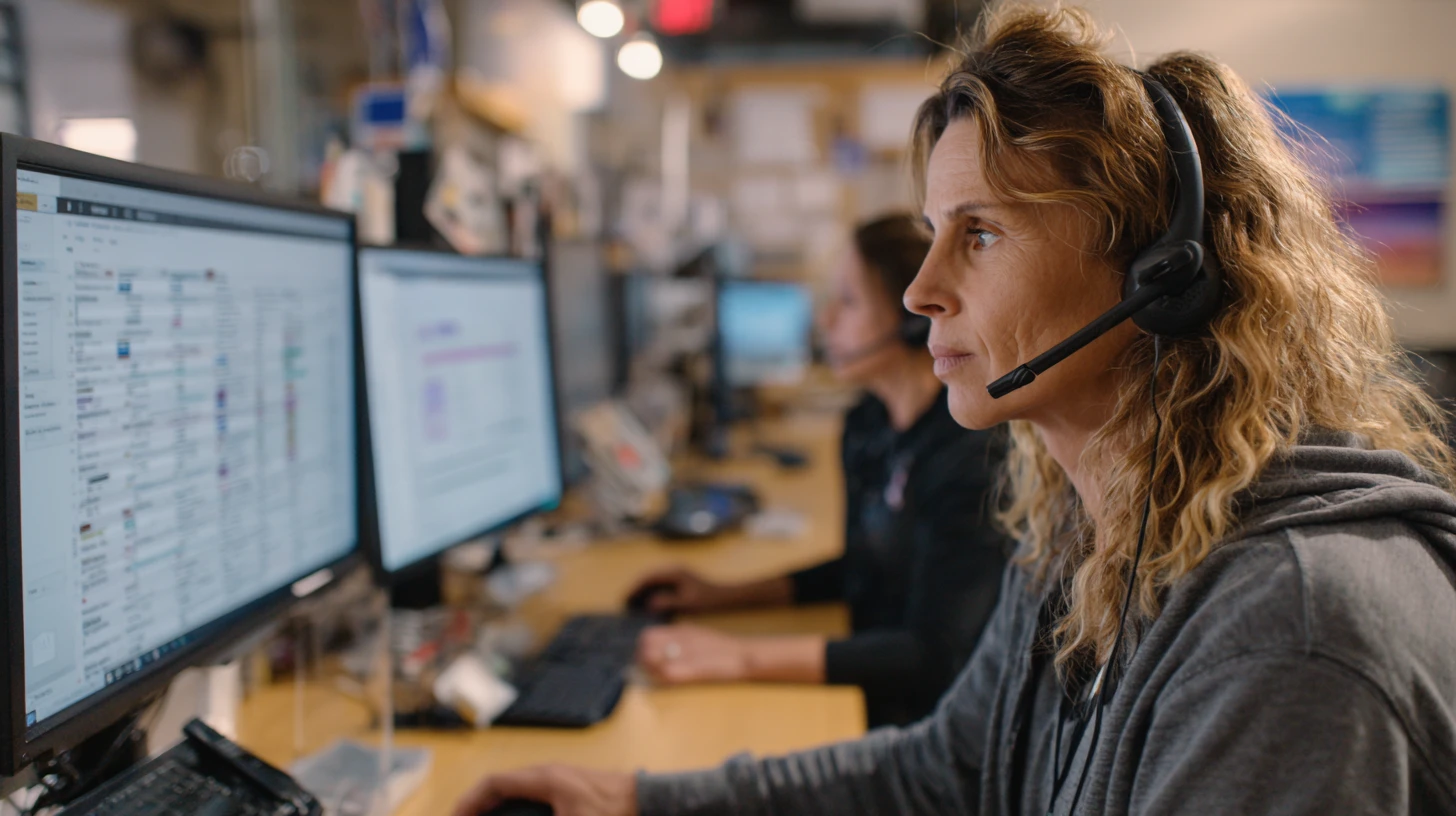 Centralized answering pool supporting multiple locations, with veterinary practice management software schedules displayed for different sites.