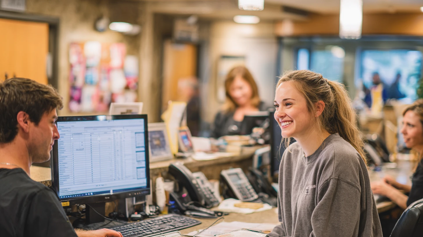 Monday morning rush scene where call volume is high, with veterinary practice management software visible on a reception monitor for scheduling triage.