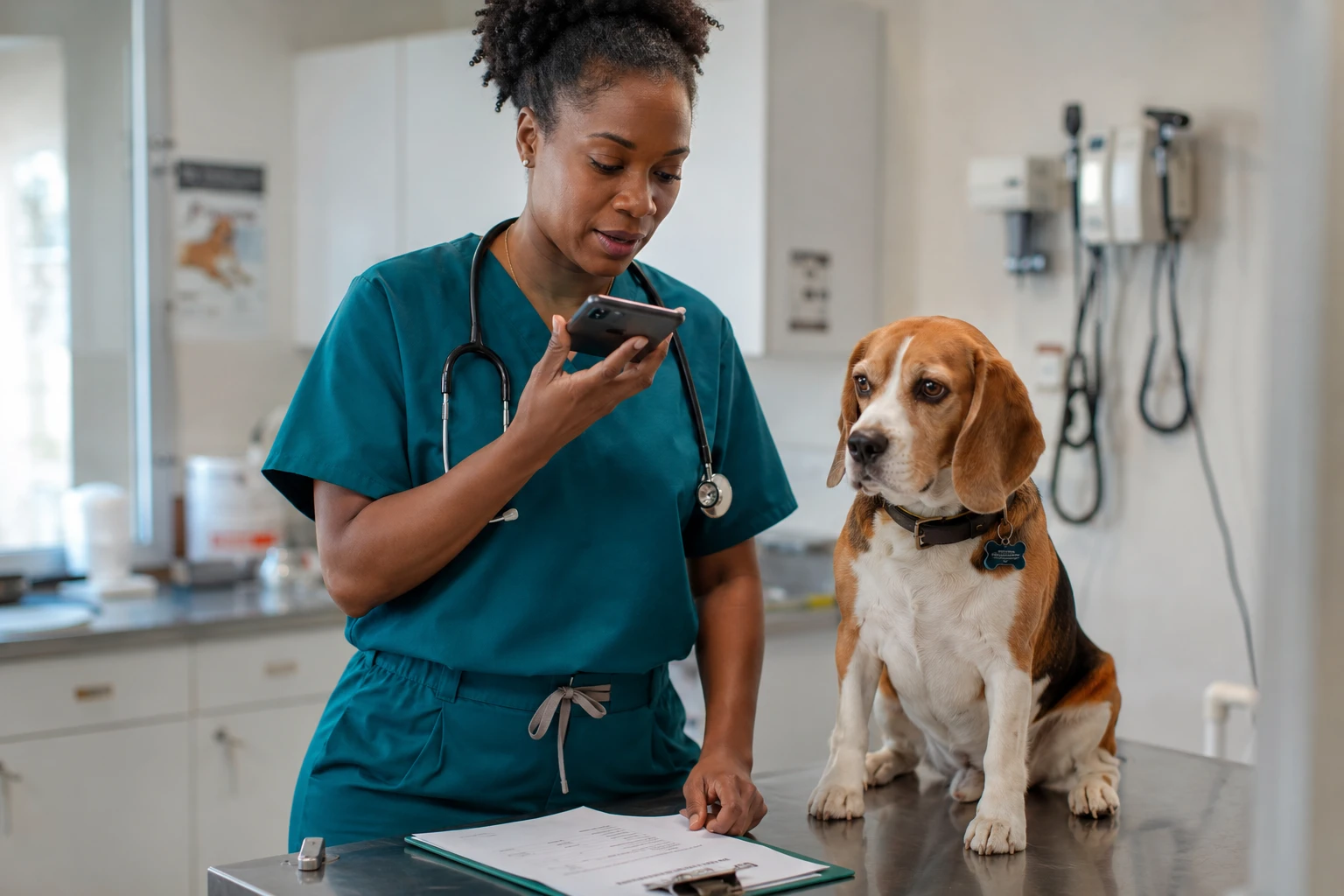 Veterinarian dictating a SOAP note into a phone after a dog exam, illustrating per-seat AI scribe pricing