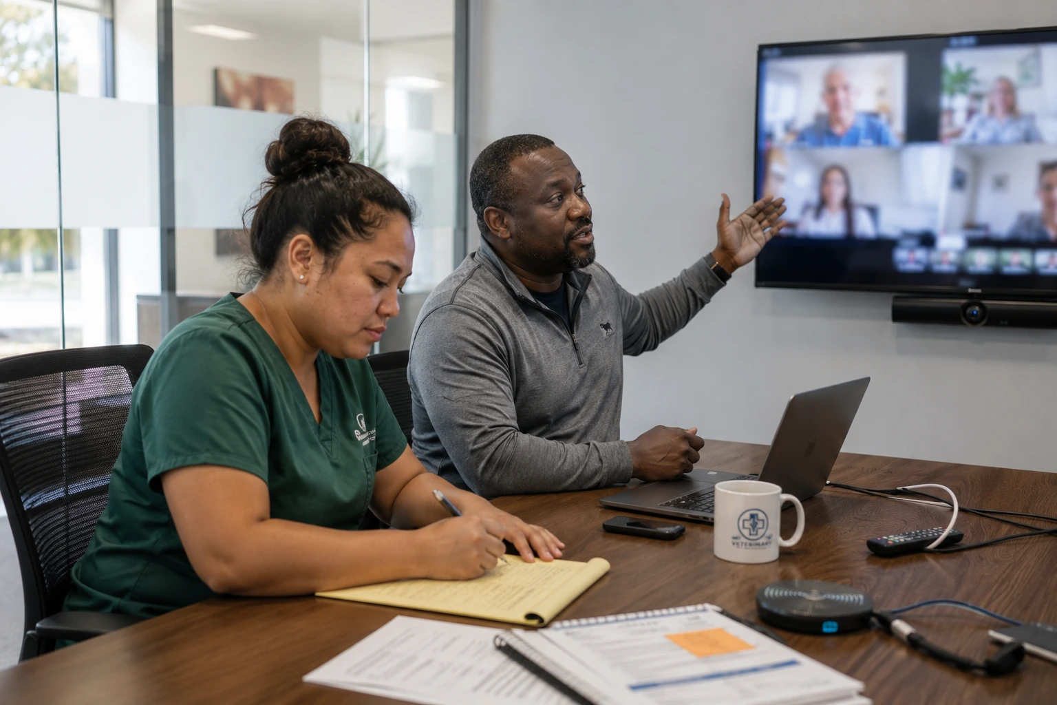 Veterinarian and practice manager taking notes during a veterinary software vendor demo video call