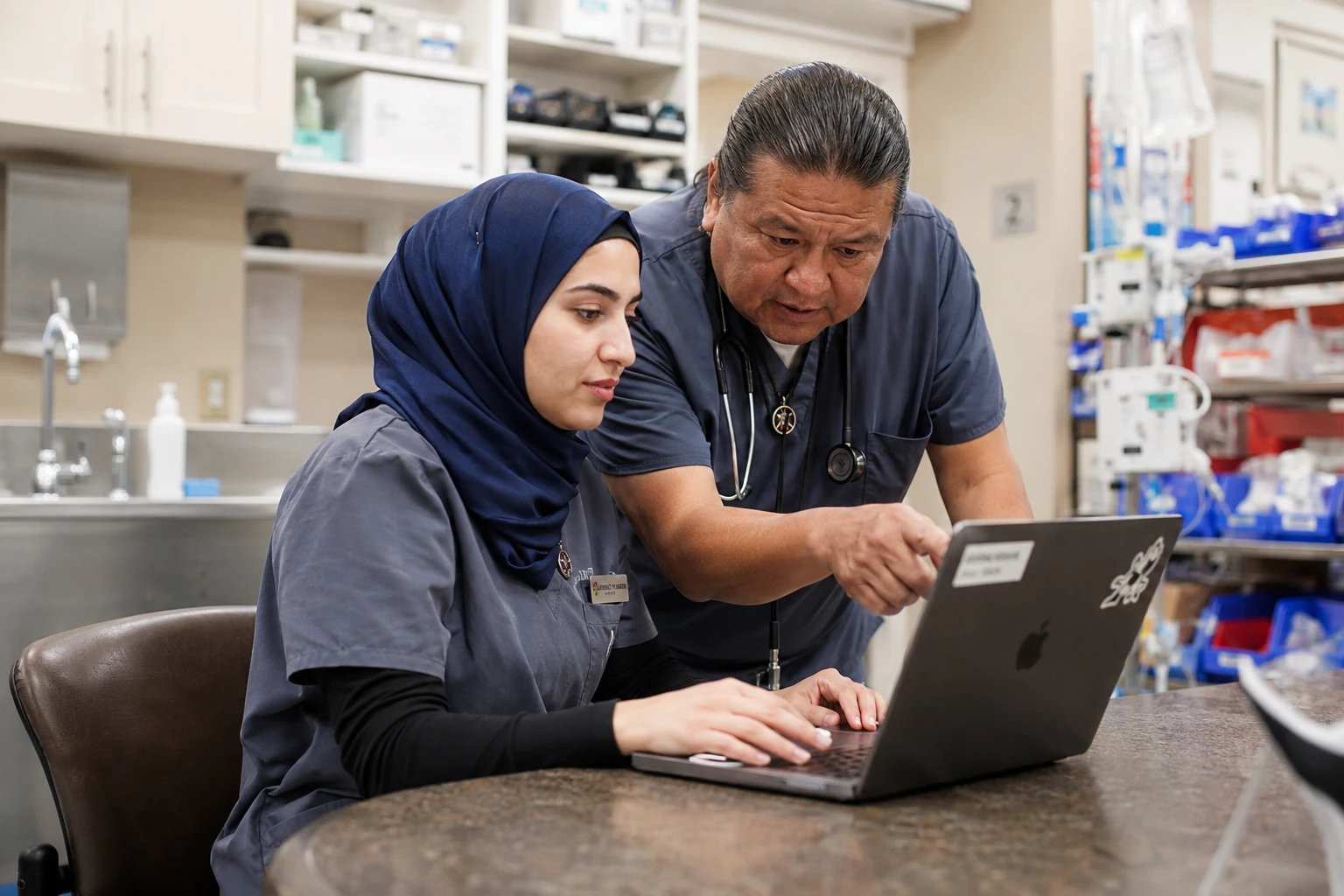 Veterinary technician and veterinarian configuring documentation templates together at a treatment area workstation