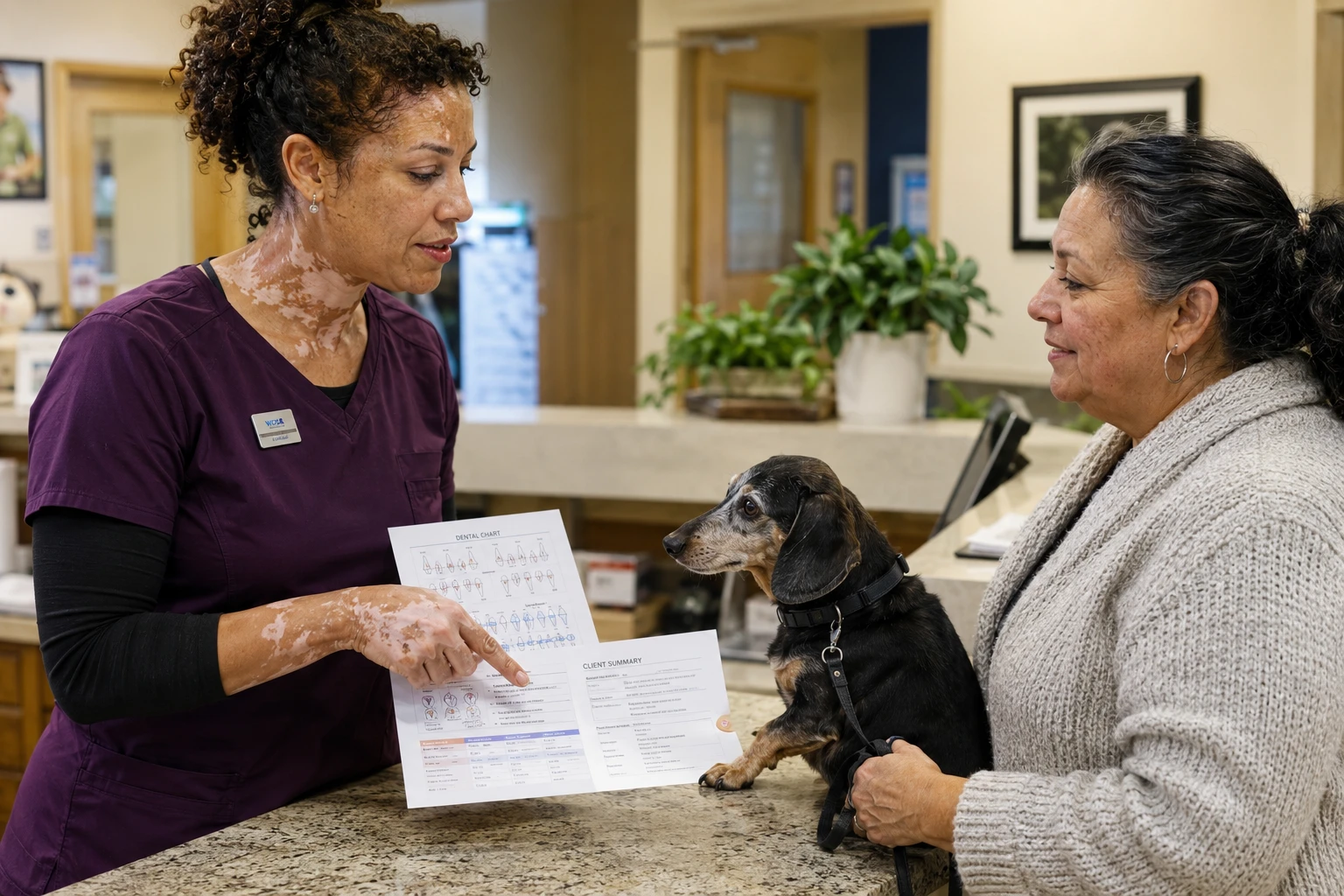 Veterinary technician reviewing a printed dental chart and discharge summary with a dog owner at the counter