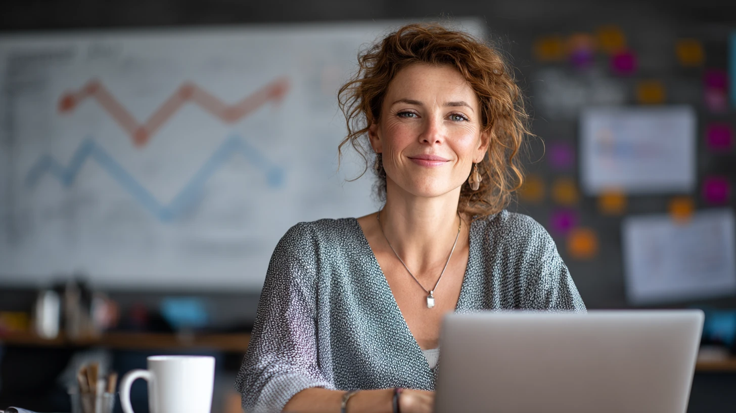 Practice manager looking at simple call volume metrics on a laptop in a small office, looking satisfied