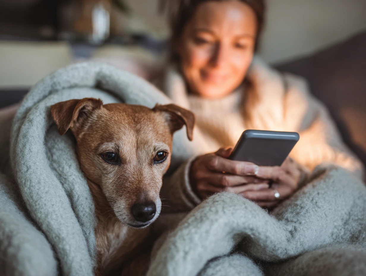 Pet owner at home reading a post surgery care text message from the vet while their dog rests comfortably