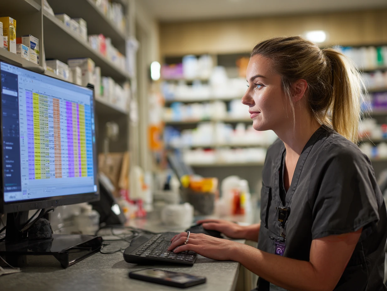Veterinary technician reviewing an automated prescription refill approval on screen, while a phone sits silent next to them