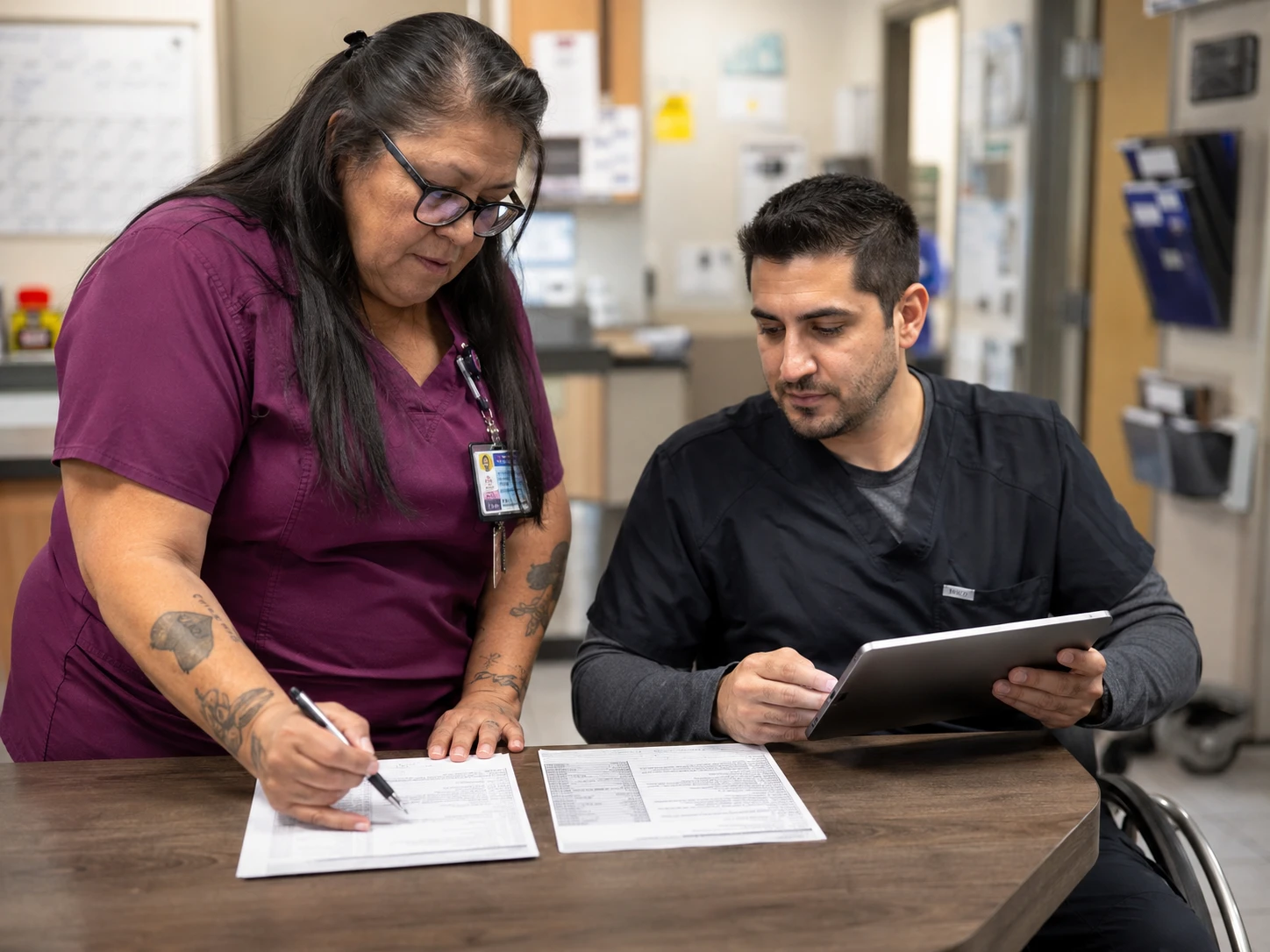 Two veterinary team members comparing printed AI SOAP notes to score accuracy during a pilot