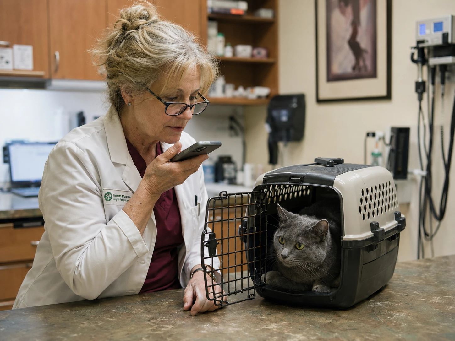 Seasoned veterinarian dictating clinical notes into a smartphone after a cat exam