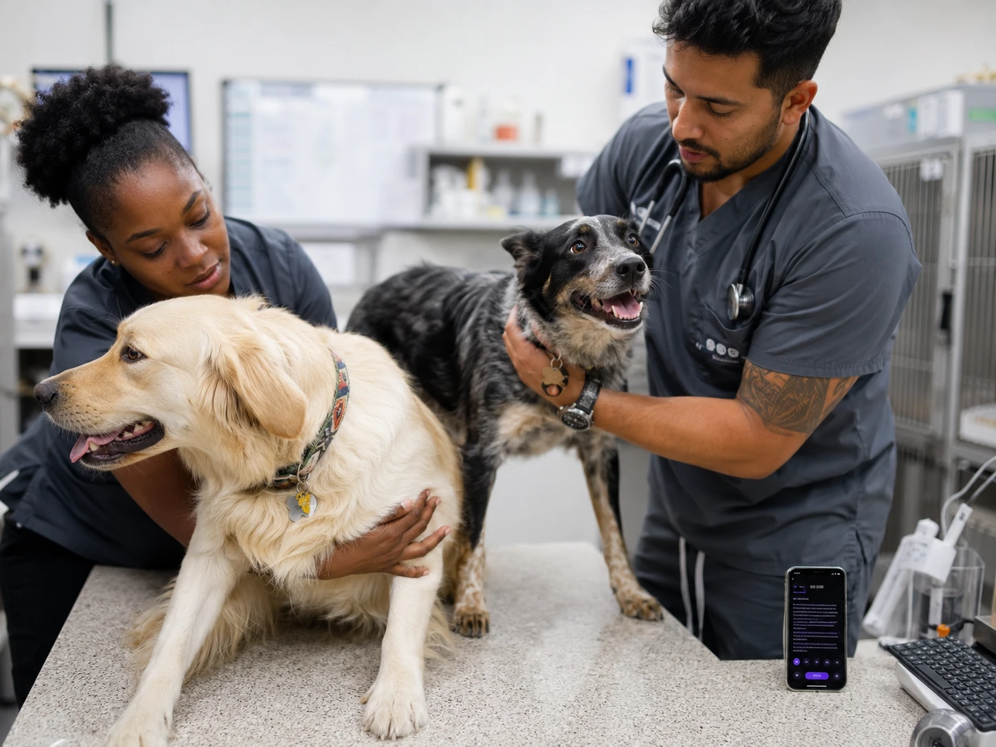 Vet examining two dogs in a busy exam room with an ambient AI scribe recording on a phone
