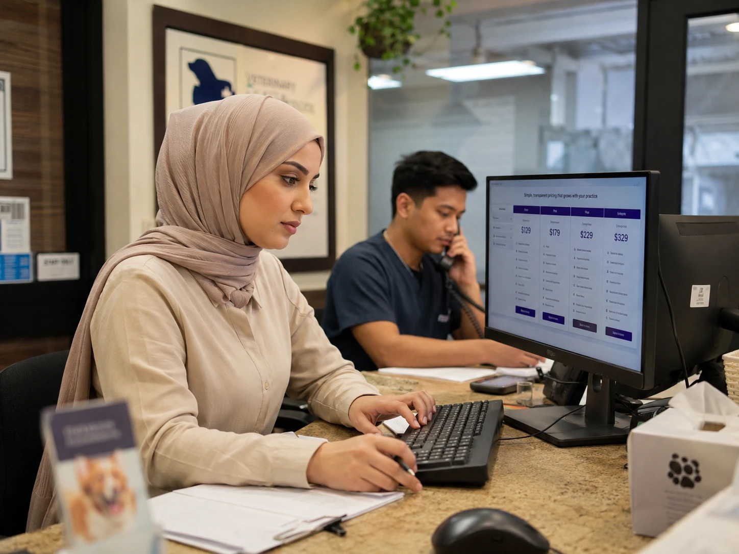 Practice manager reviewing AI scribe pricing and ROI figures on a monitor at the front desk