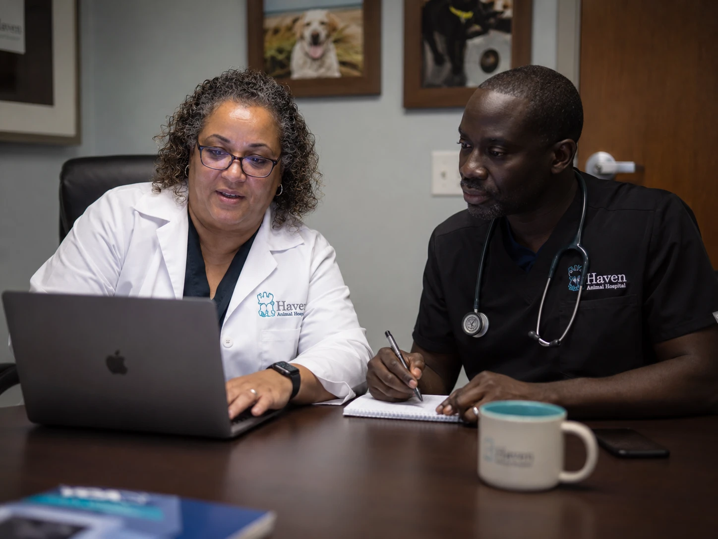Veterinary team on a laptop video call evaluating an AI scribe vendor demo together
