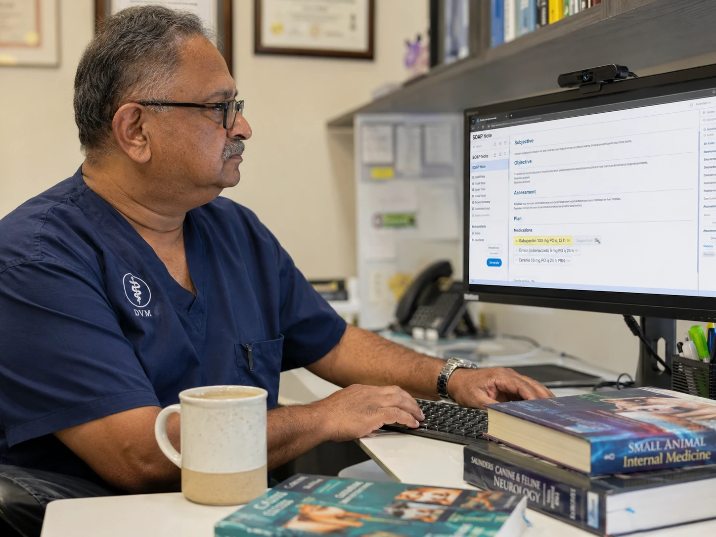 Veterinarian editing an AI-drafted SOAP note on a desktop monitor to verify drug doses