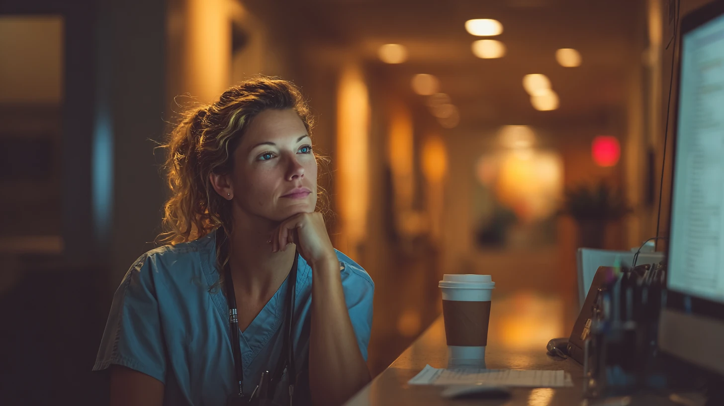 Veterinary clinician finishing charts after hours, comparing manual typing to a veterinary AI scribe draft to reduce late-night documentation time.