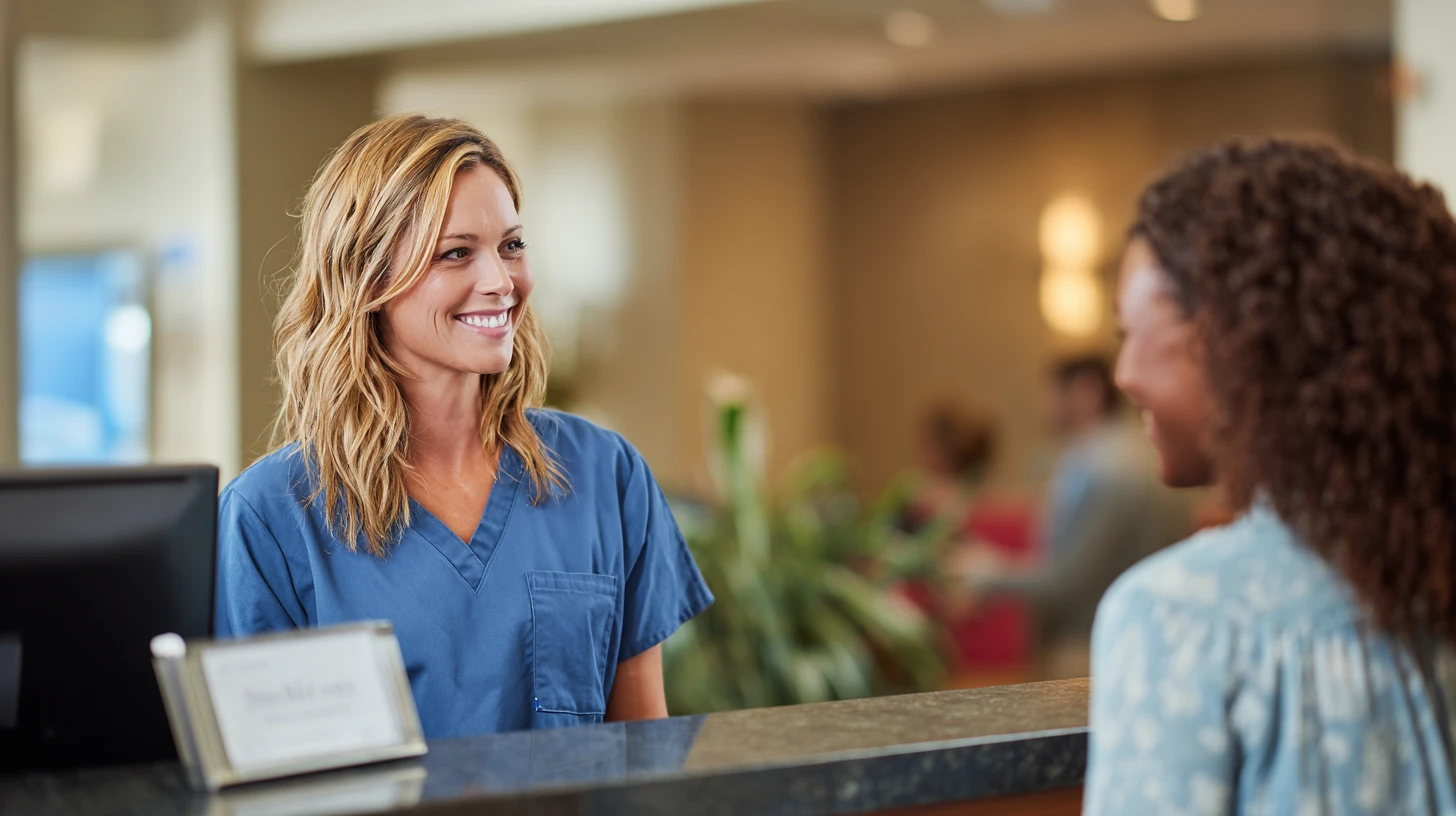 Veterinary clinic front desk with clear recording consent signage and staff explaining veterinary AI scribe recording to a client before an exam.