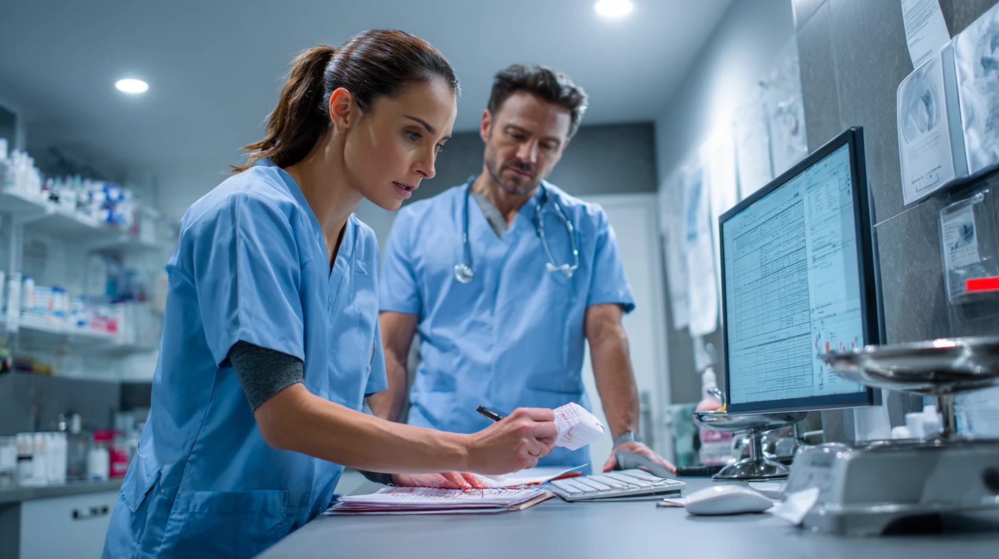 Technician and veterinarian double-checking medication dose and units while reviewing a veterinary AI scribe draft note for accuracy.