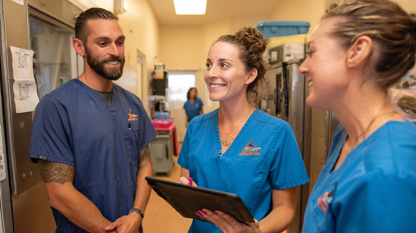 Veterinary team simulating a scripted encounter to test a veterinary AI scribe on abbreviations, drug names, and dosing under noise and interruptions.