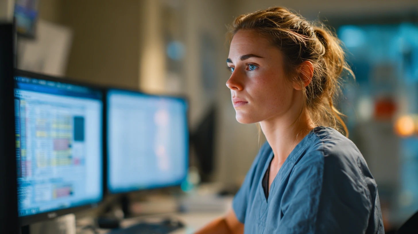 Clinician reviewing a SOAP note draft generated by a veterinary AI scribe on a workstation before signing the final medical record.