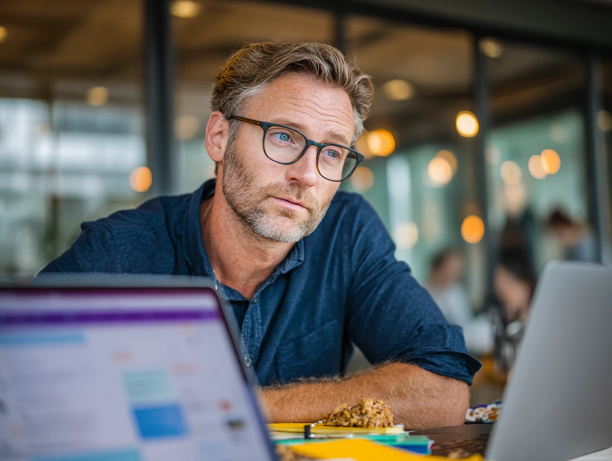 Veterinary practice manager comparing AI scribe pricing plans on a laptop at a clinic office desk