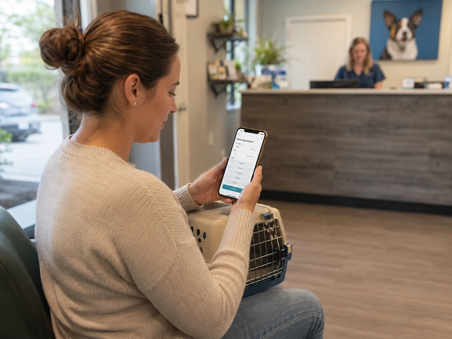 Pet owner using a veterinary practice mobile app on a smartphone to book an appointment from the clinic waiting room