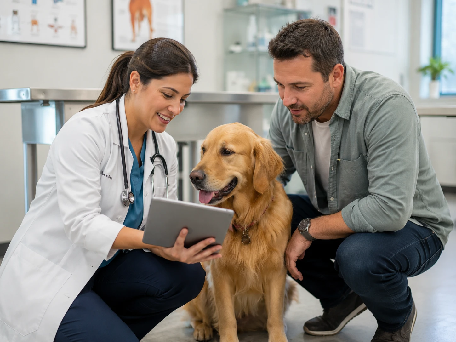Veterinarian explaining a treatment plan to a pet owner and dog in an exam room, reinforcing follow-up care