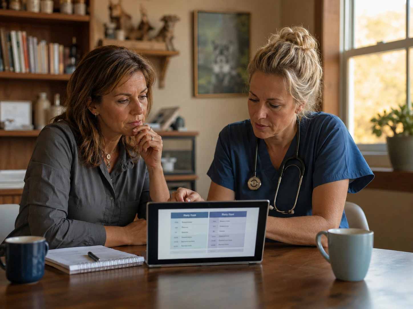 Practice manager and veterinarian comparing veterinary client communication software options on a laptop