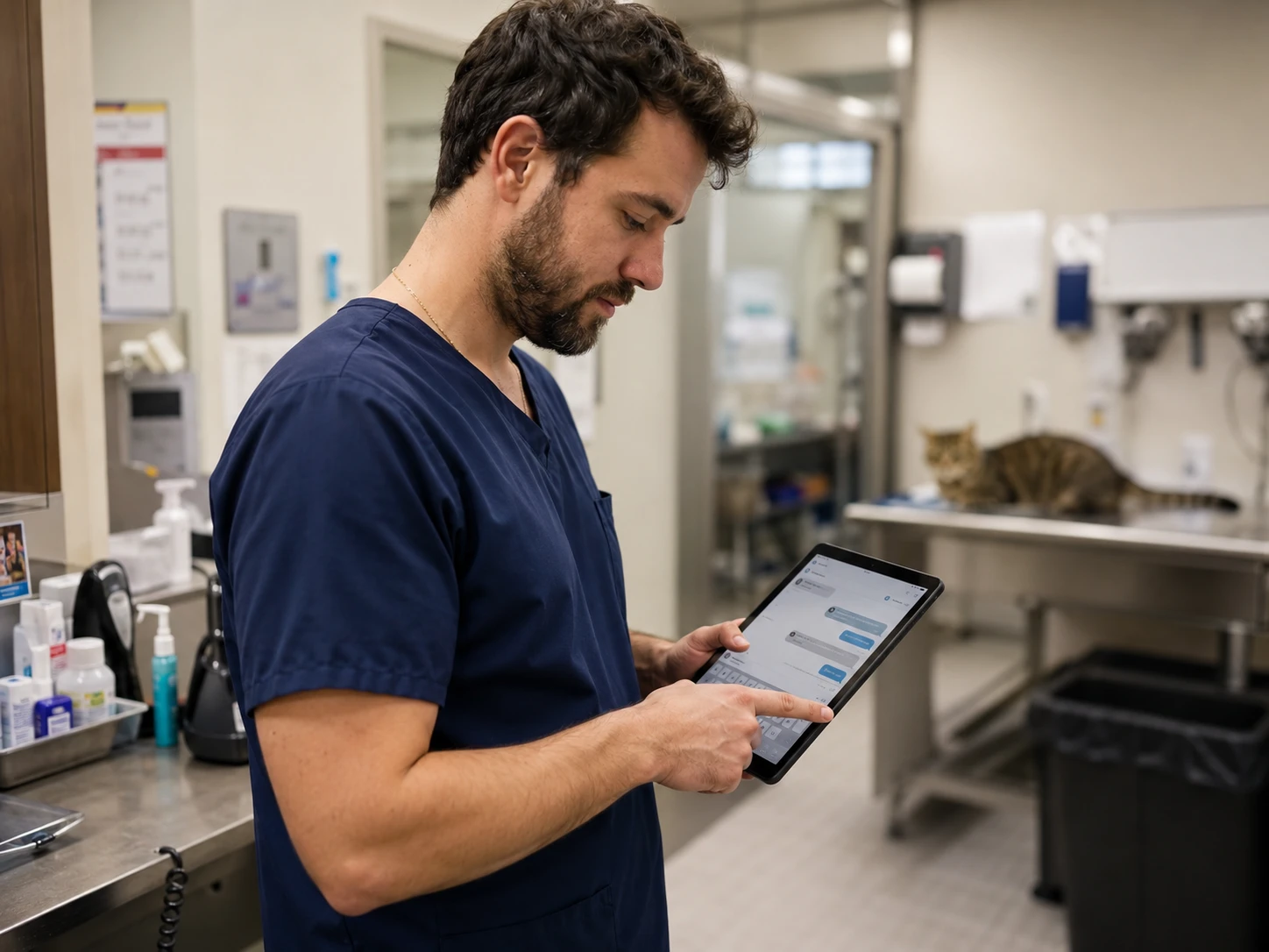 Veterinary technician using two-way texting on a tablet to message pet owners and reduce inbound phone calls