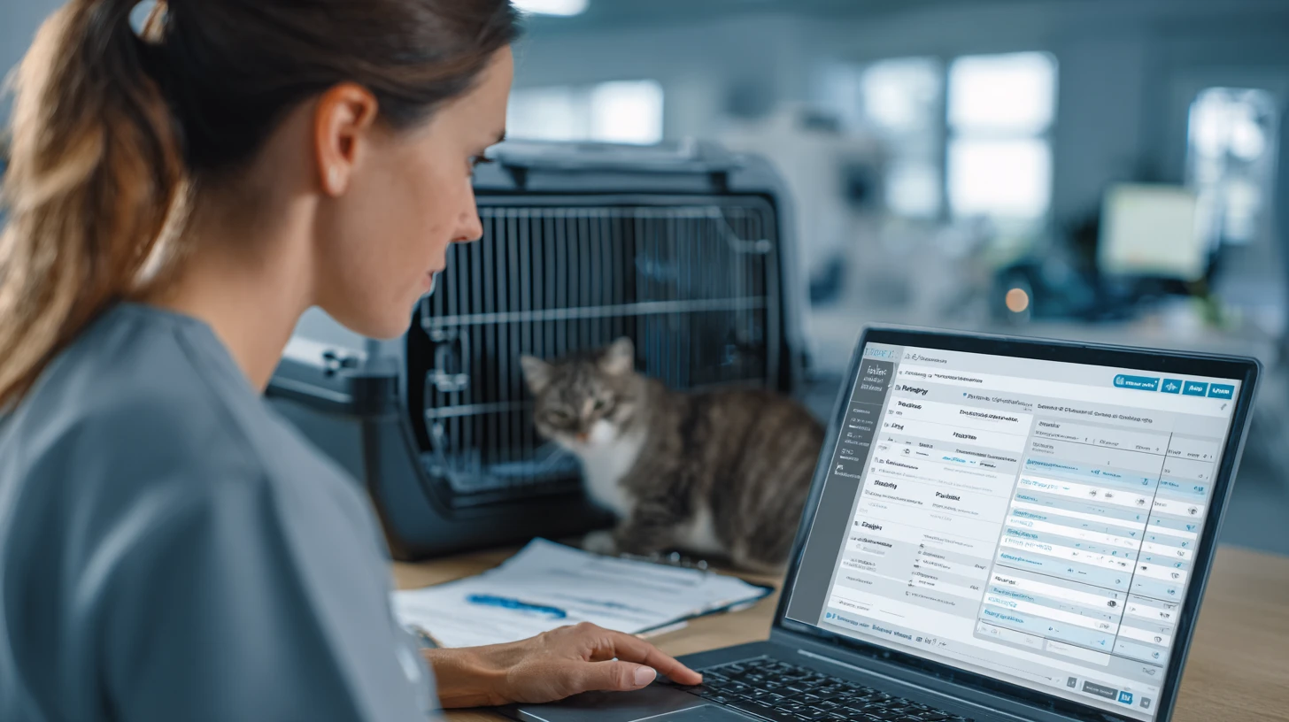 Practice manager comparing two veterinary client communication software platforms side by side on a laptop