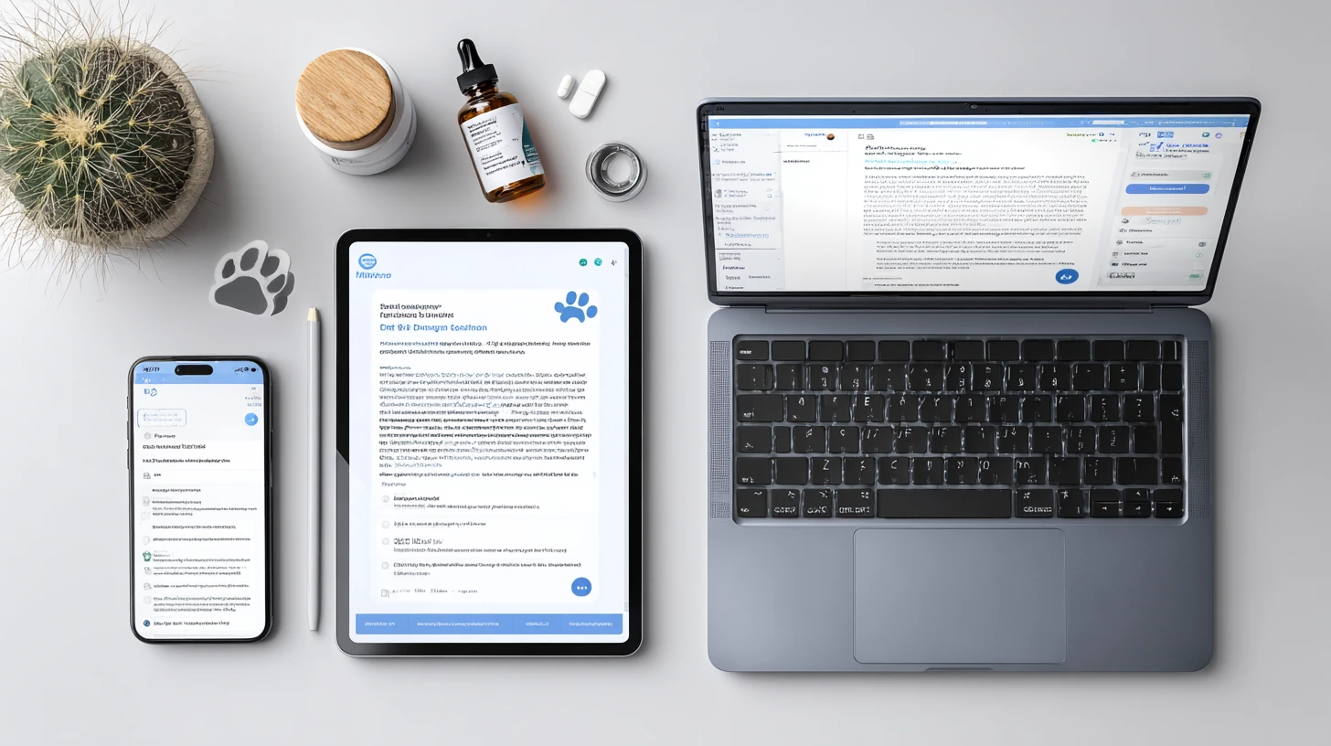 Side by side examples of SMS, email, and app chat for veterinary client communication software
